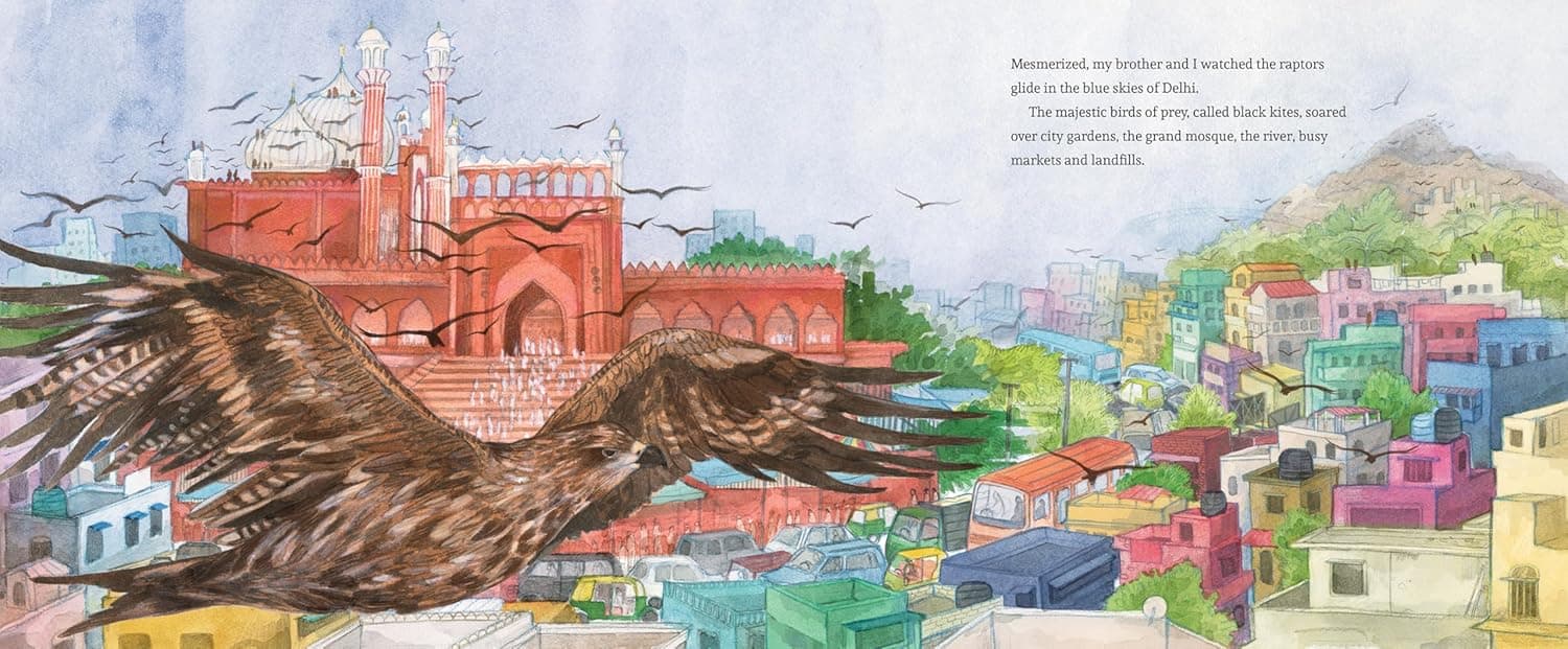 A black kite soars over the colorful rooftops and historic monuments of Old Delhi