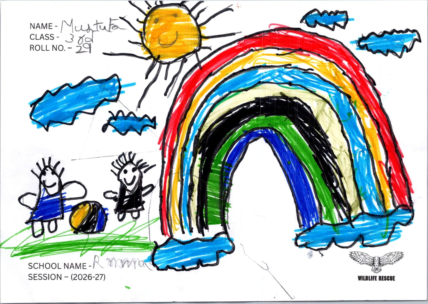 A child's drawing on the dangers of manja kite string to birds