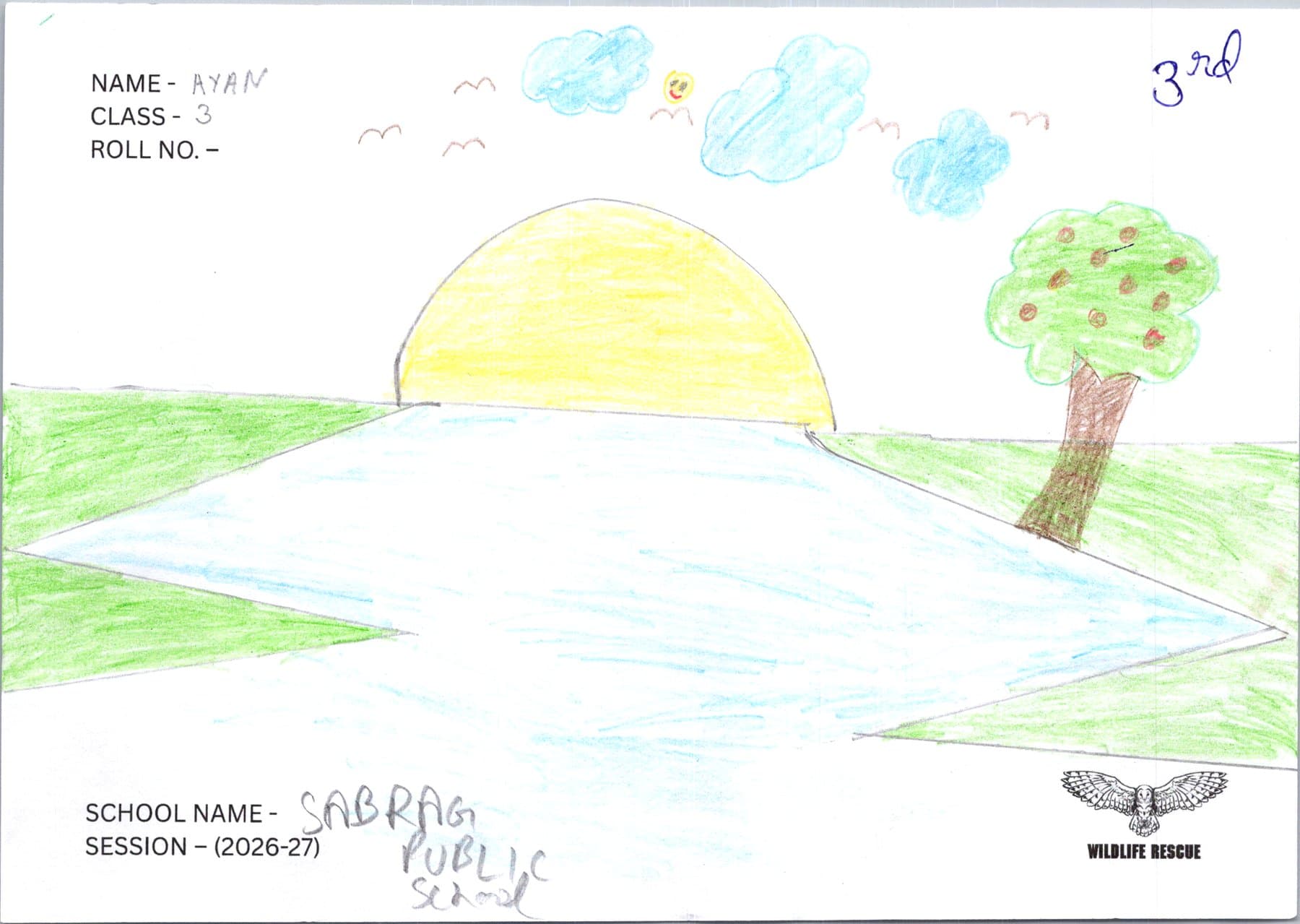 A student's drawing about the environment, wildlife, and kite safety