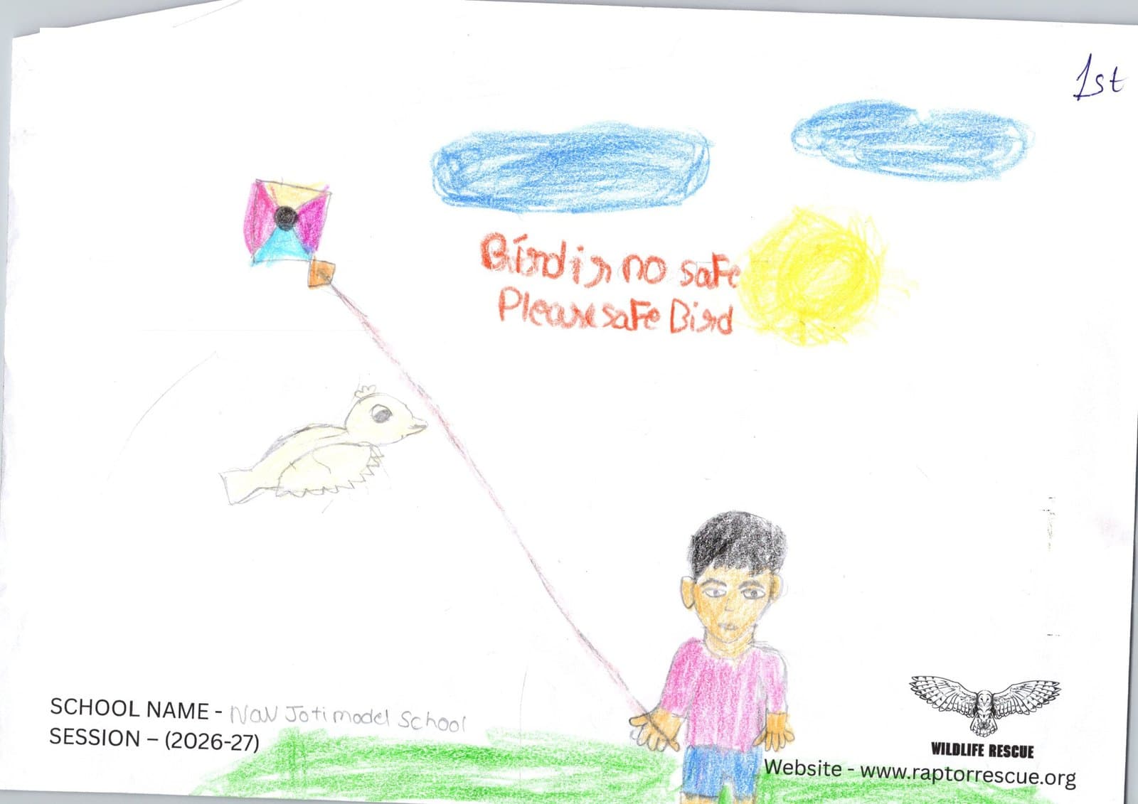 First-place drawing: a boy flying a kite beside a bird, captioned “Bird is no safe, please safe bird”
