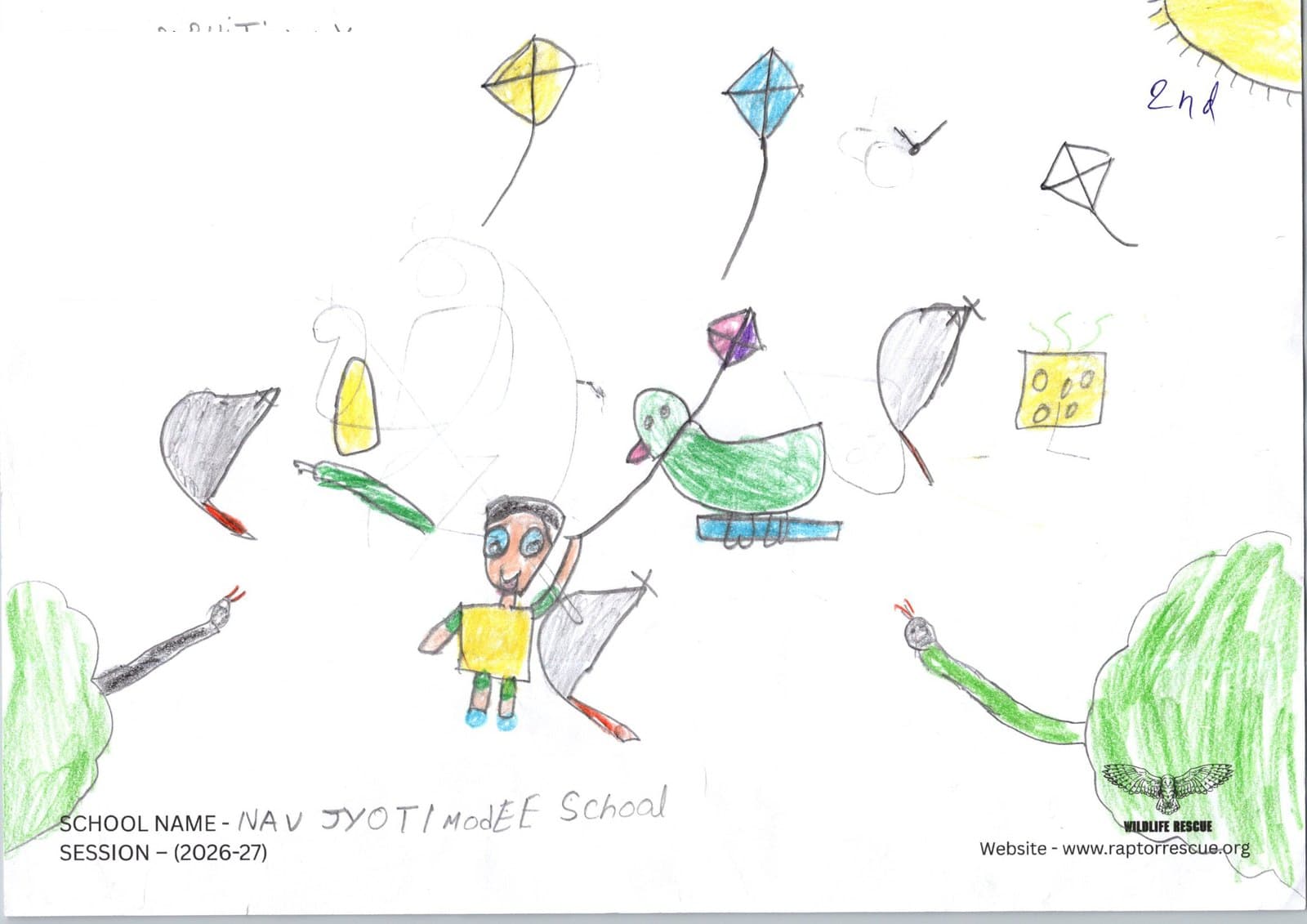 A child's contest drawing about keeping birds safe from kite string