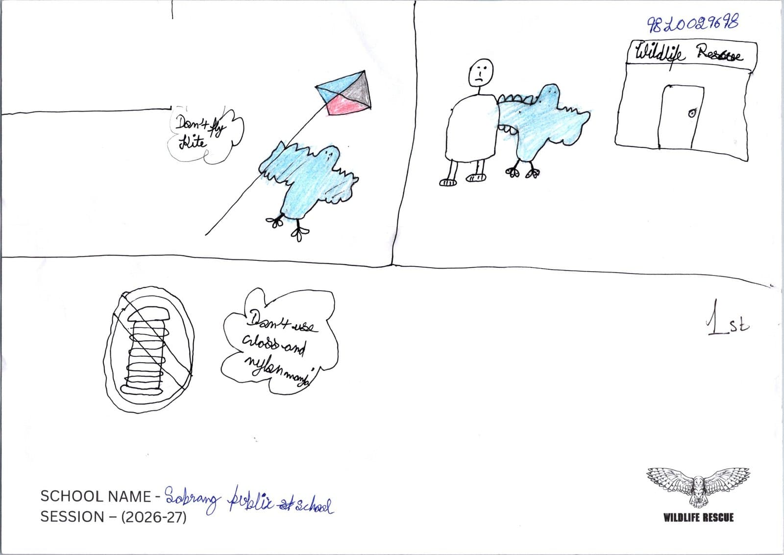First-place drawing: a four-panel strip showing a bird cut by kite string, carried to a building marked Wildlife Rescue, with the helpline number